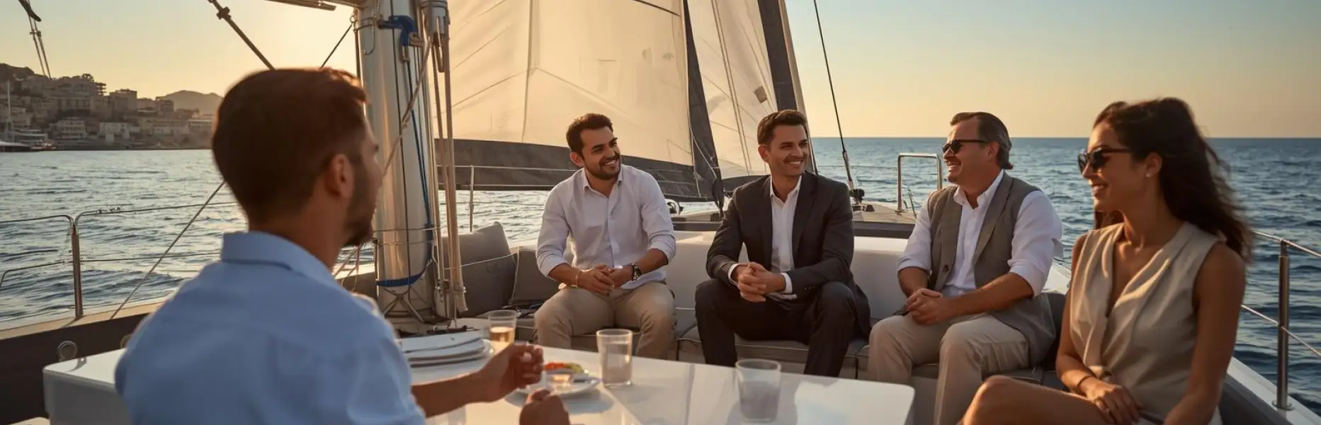 Gruppo di professionisti che conversano sul ponte di uno yacht di lusso durante un charter al tramonto