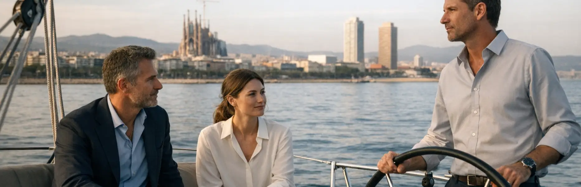 Tre persone che parlano rilassate su uno yacht di lusso di fronte allo skyline di Barcellona al tramonto