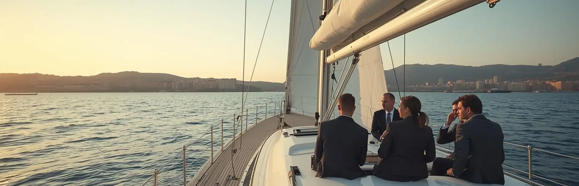 Gruppo di dirigenti riuniti sul ponte di uno yacht di lusso durante un charter al tramonto