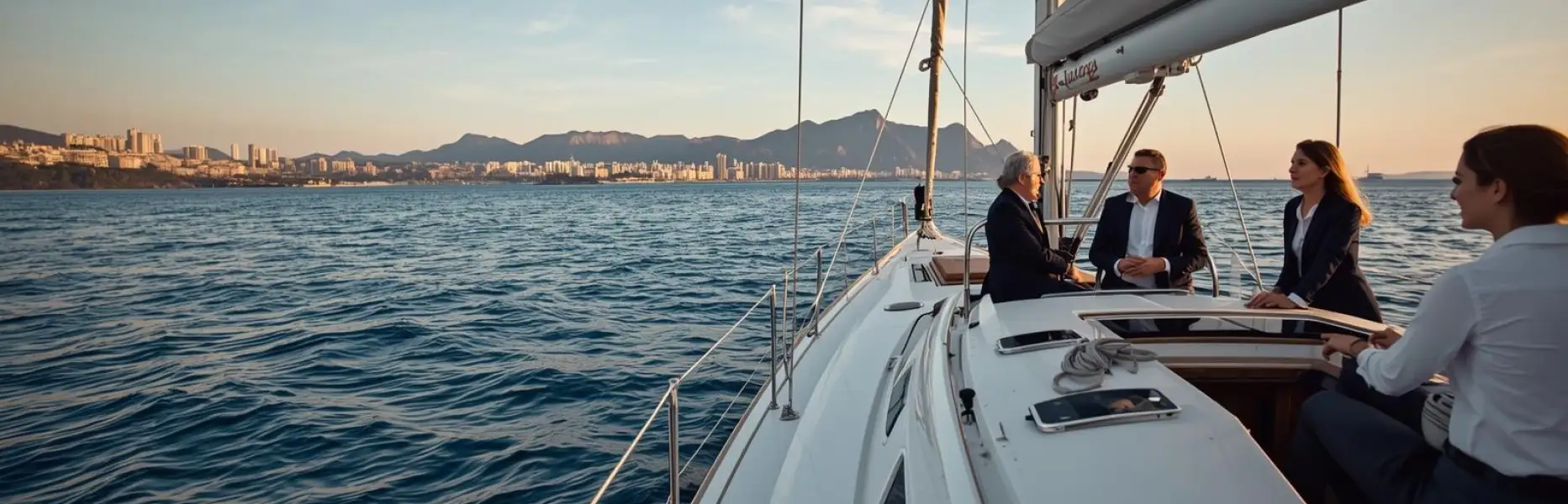 Gruppo di dirigenti che conversano sul ponte di uno yacht di lusso durante una navigazione al tramonto di fronte alla città