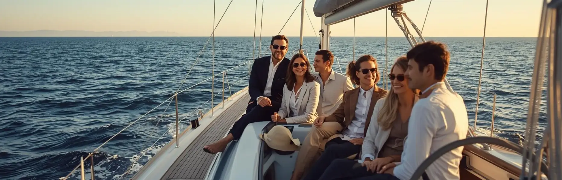 Groupe d'amis profitant d’une croisière en voilier de luxe au coucher du soleil sur une mer calme