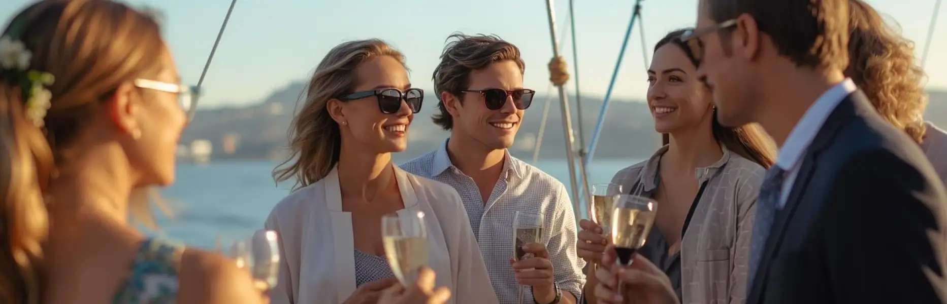 Freundesgruppe, die bei Sonnenuntergang auf einem Charterboot mit Gläsern Wein und Champagner anstößt
