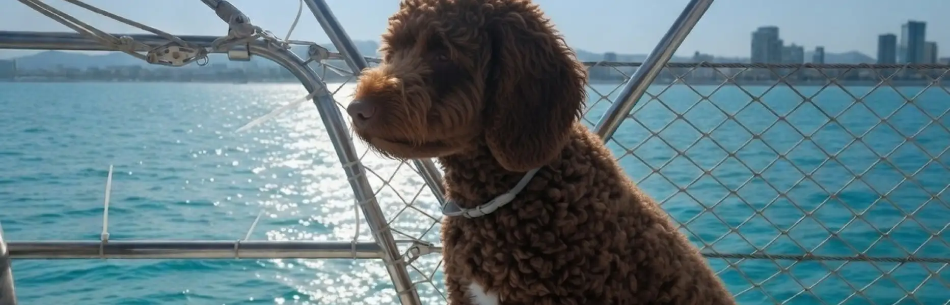 Perro sentado en un velero navegando frente al skyline de Barcelona en un día soleado