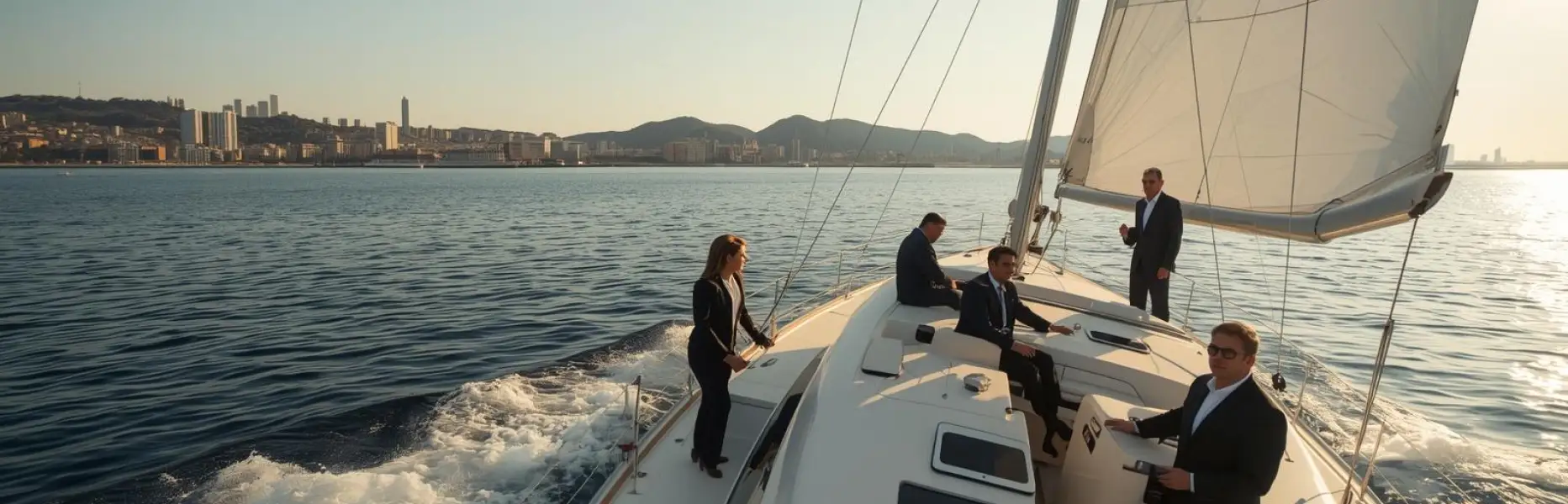 Ejecutivos navegando en yate de lujo durante una reunion de negocios al atardecer cerca de la costa