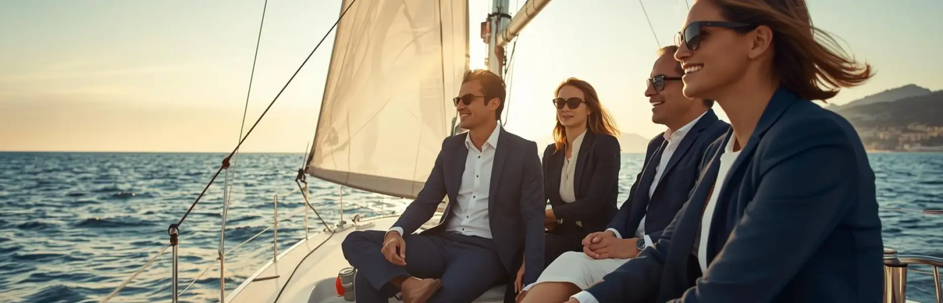 Group of executives sailing on a luxury yacht at sunset during a corporate charter