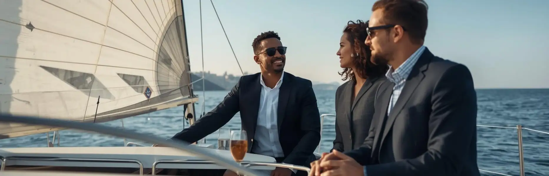 Drei Geschäftsleute unterhalten sich auf dem Deck einer Luxusyacht, die an einem sonnigen Tag über das Meer fährt