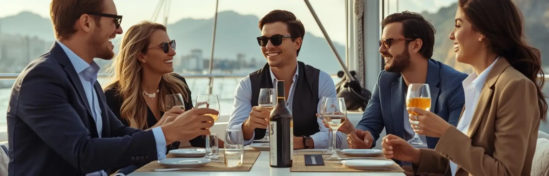 Group of elegantly dressed friends toasting and smiling at the table of a charter boat at sunset
