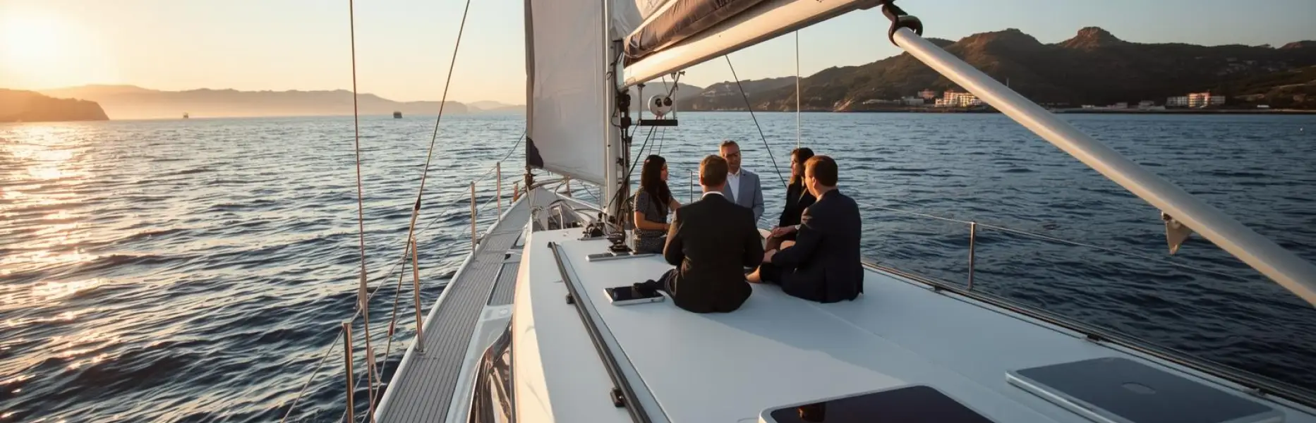 Group of executives in a meeting on the deck of a charter yacht sailing at sunset