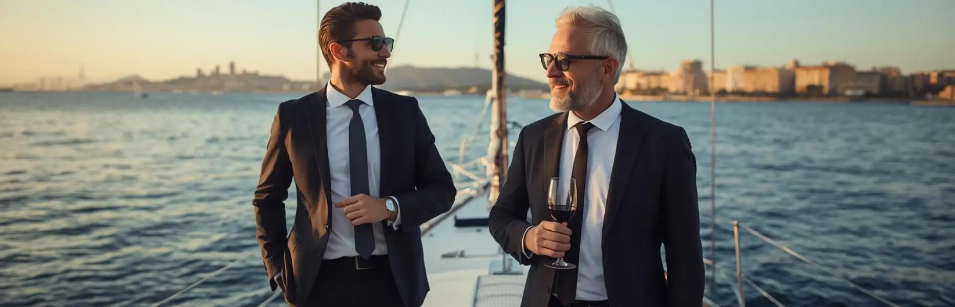 Two business executives in suits enjoy a luxury yacht charter at sunset off the city