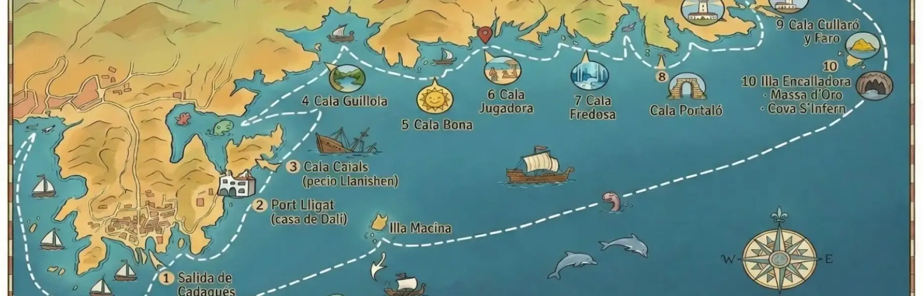 Mapa ilustrado de una ruta en barco desde Cadaqués con calas y puntos de interés marcados a lo largo de la costa