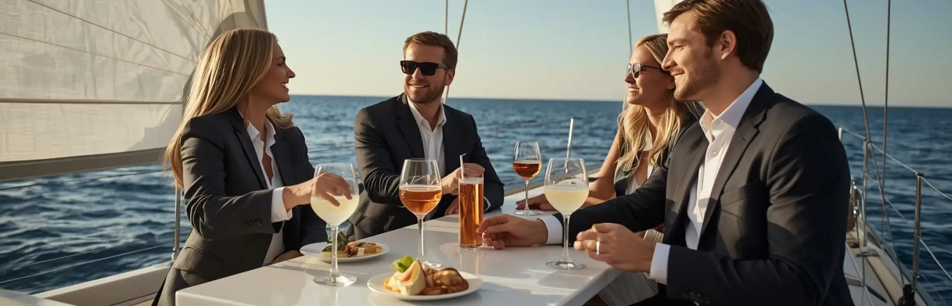 Cuatro ejecutivos brindan y conversan en la mesa de un yate de lujo navegando al atardecer