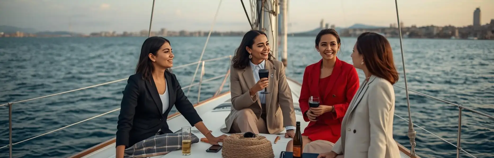 Gruppe berufstätiger Frauen, die sich unterhalten und an Deck einer Segelyacht mit Blick auf die Stadt im Hintergrund anstoßen