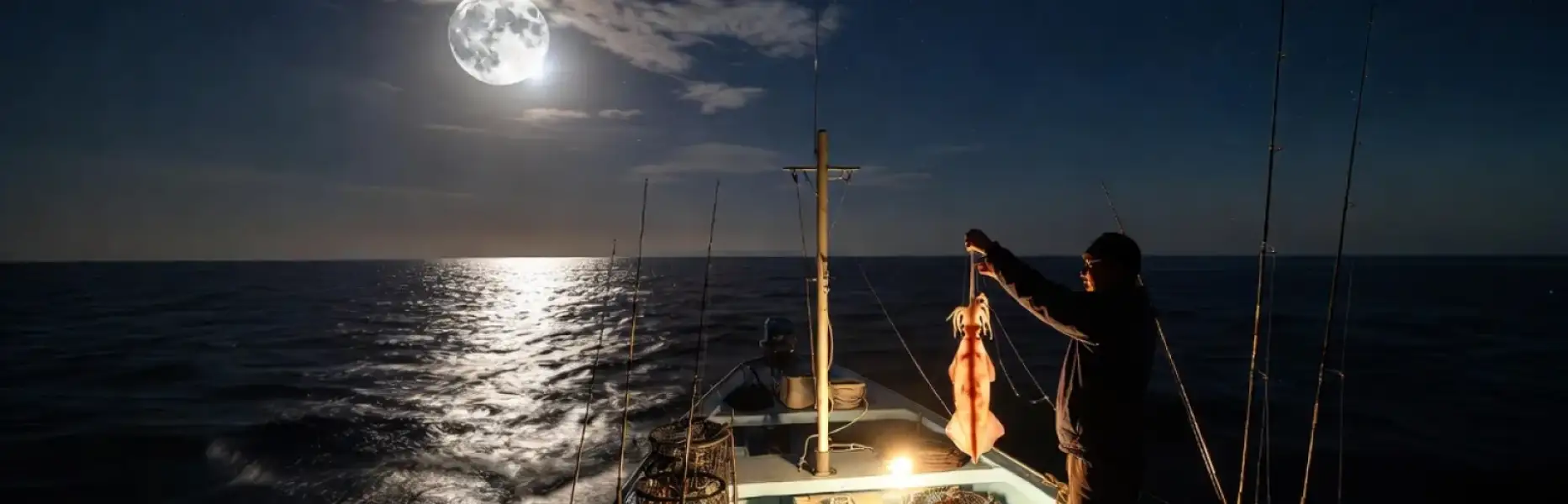 Pescador en barco sosteniendo su captura bajo la luz de la luna llena en el mar