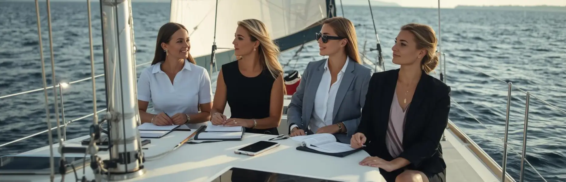 Grupo de mujeres ejecutivas reunidas en la cubierta de un velero de charter navegando en mar abierto