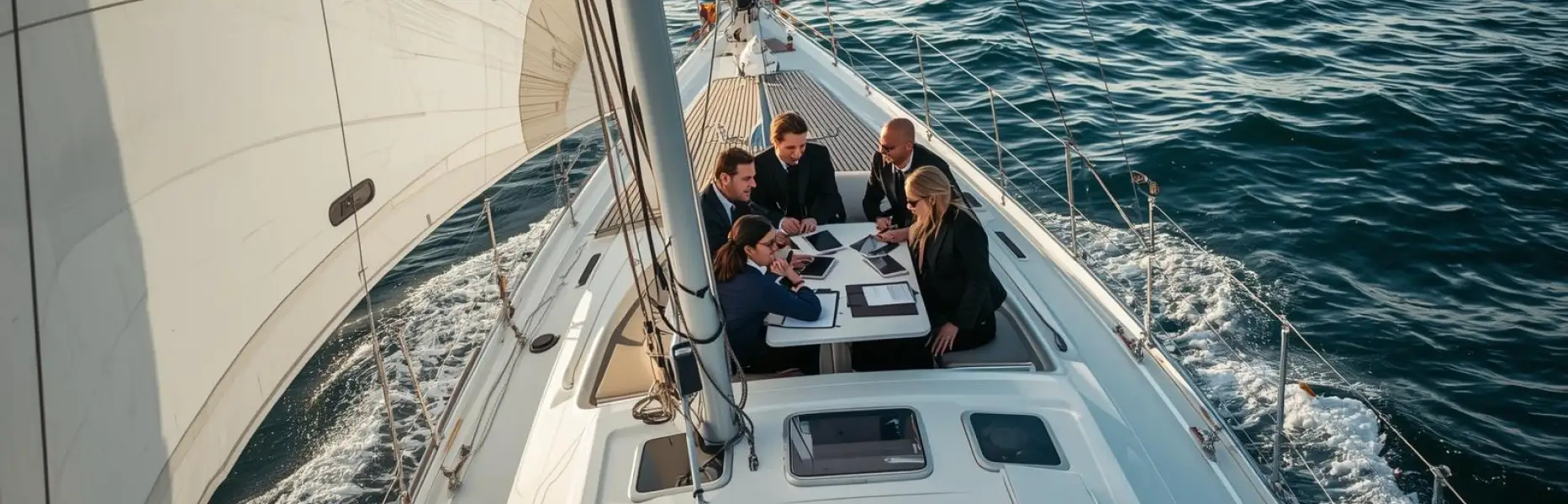 Group of professionals gathered around a table on the deck of a charter sailing yacht in open sea