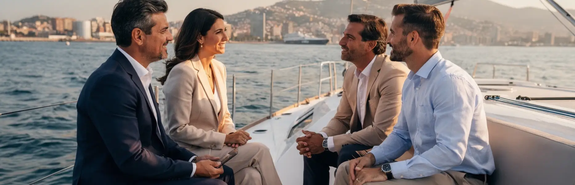 Quattro professionisti conversano su uno yacht di lusso al tramonto di fronte alla costa