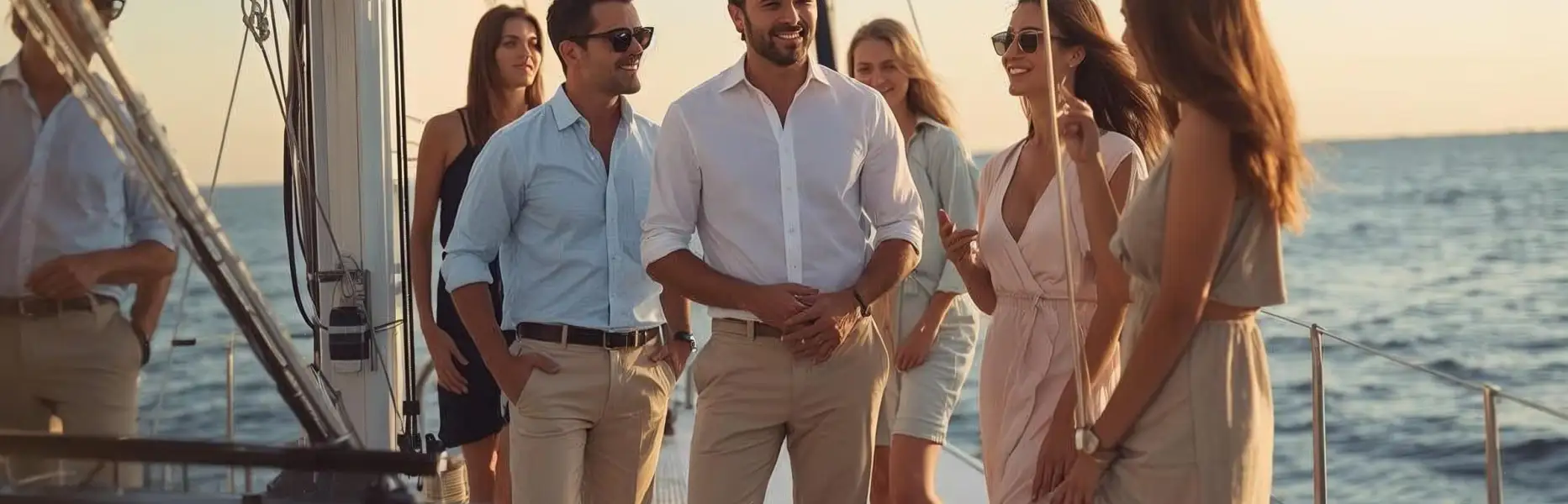 Grupo de amigos disfrutando de un paseo en velero de lujo al atardecer sobre el mar