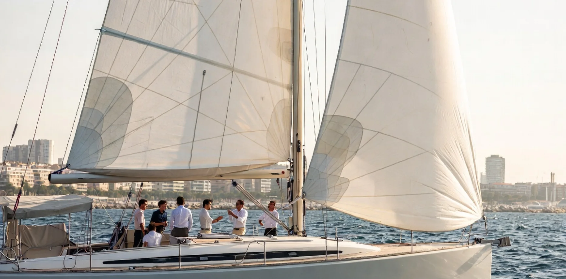 Gruppe von Personen, die einen Ausflug auf einer luxuriösen Segelyacht genießt und bei Sonnenuntergang in der Nähe der Stadt segelt
