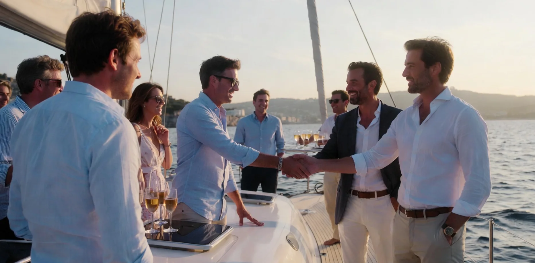 Groupe d'amis élégants profitant d'une croisière en voilier au coucher du soleil en mer