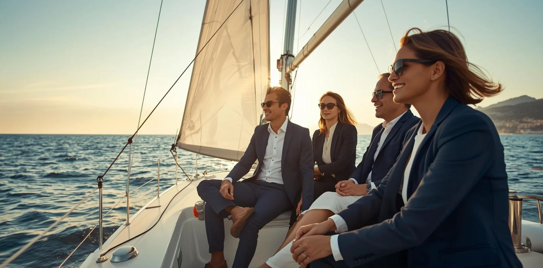 Grup de professionals gaudint de vi i aperitius en un veler davant l’skyline de Barcelona al capvespre