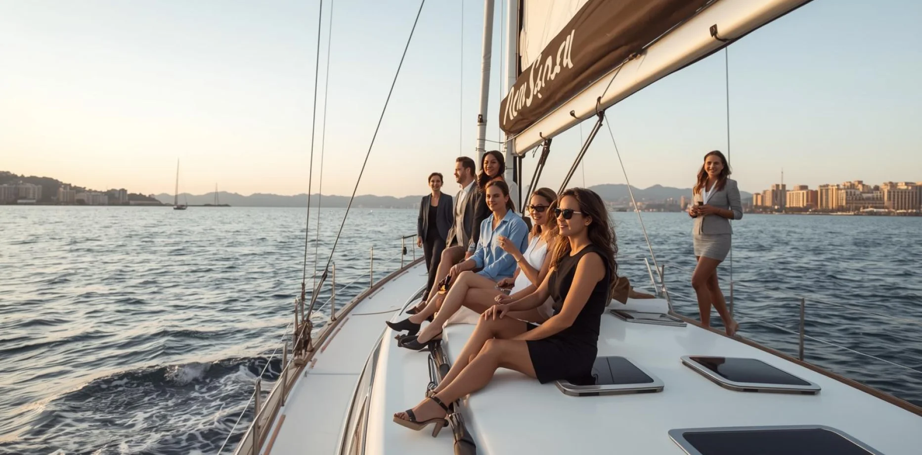 Grupo de profesionales disfrutando de vino y aperitivos en un velero frente al skyline de Barcelona al atardecer
