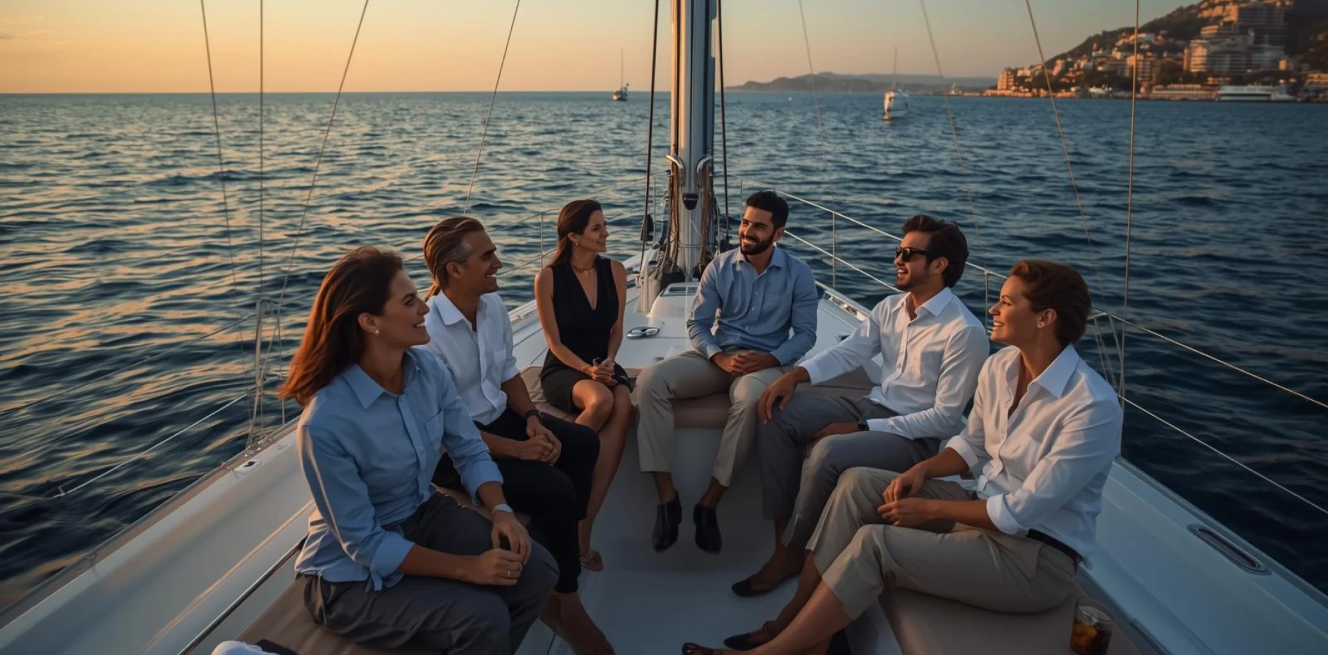 Group of professionals enjoying wine and appetisers on a sailboat in front of the Barcelona skyline at sunset