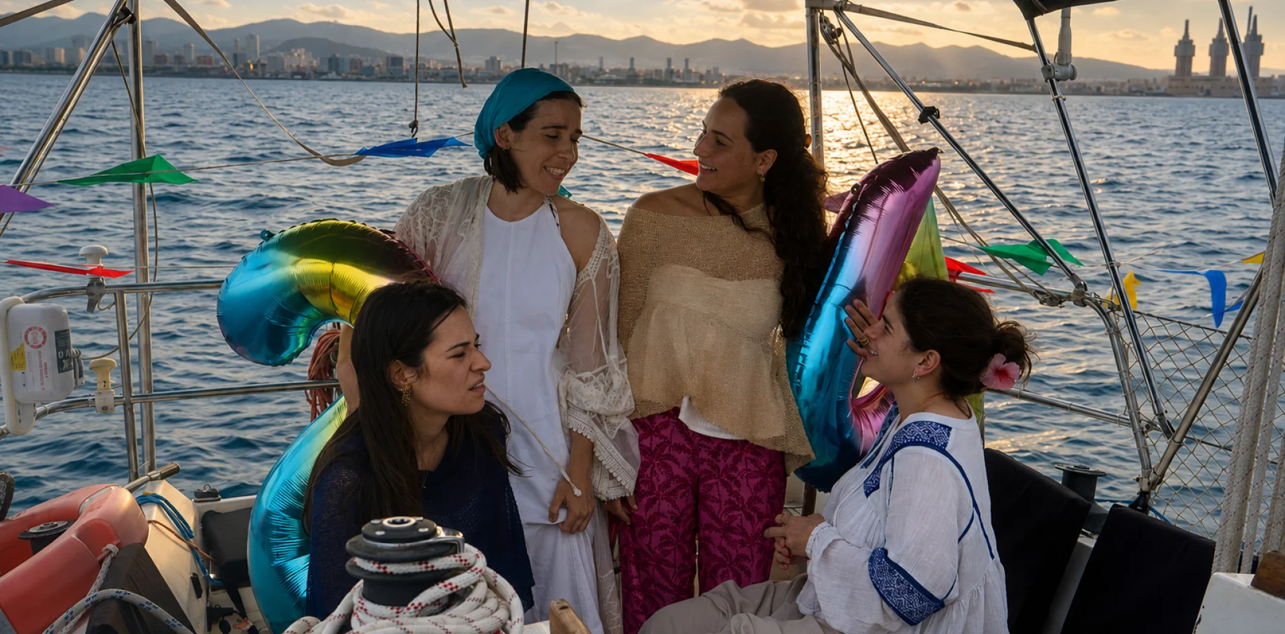 Group of stylish friends enjoying a sailing yacht charter at sunset at sea