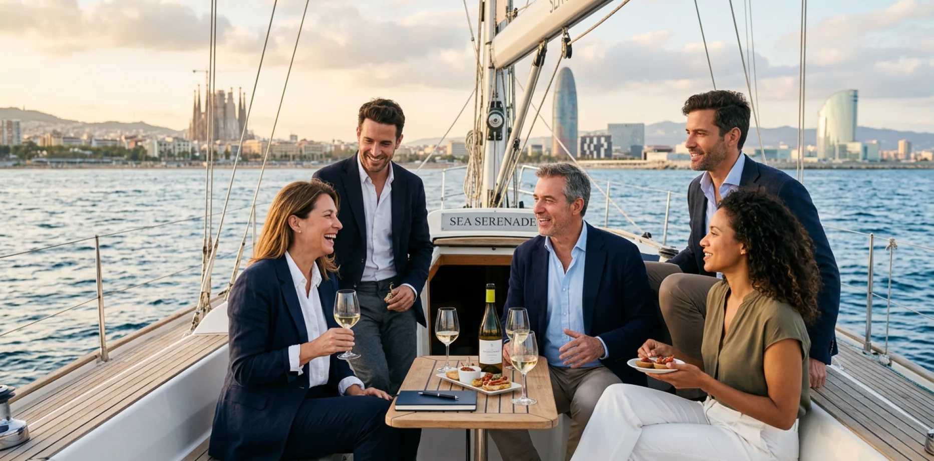 Grupo de profesionales disfrutando de vino y aperitivos en un velero frente al skyline de Barcelona al atardecer