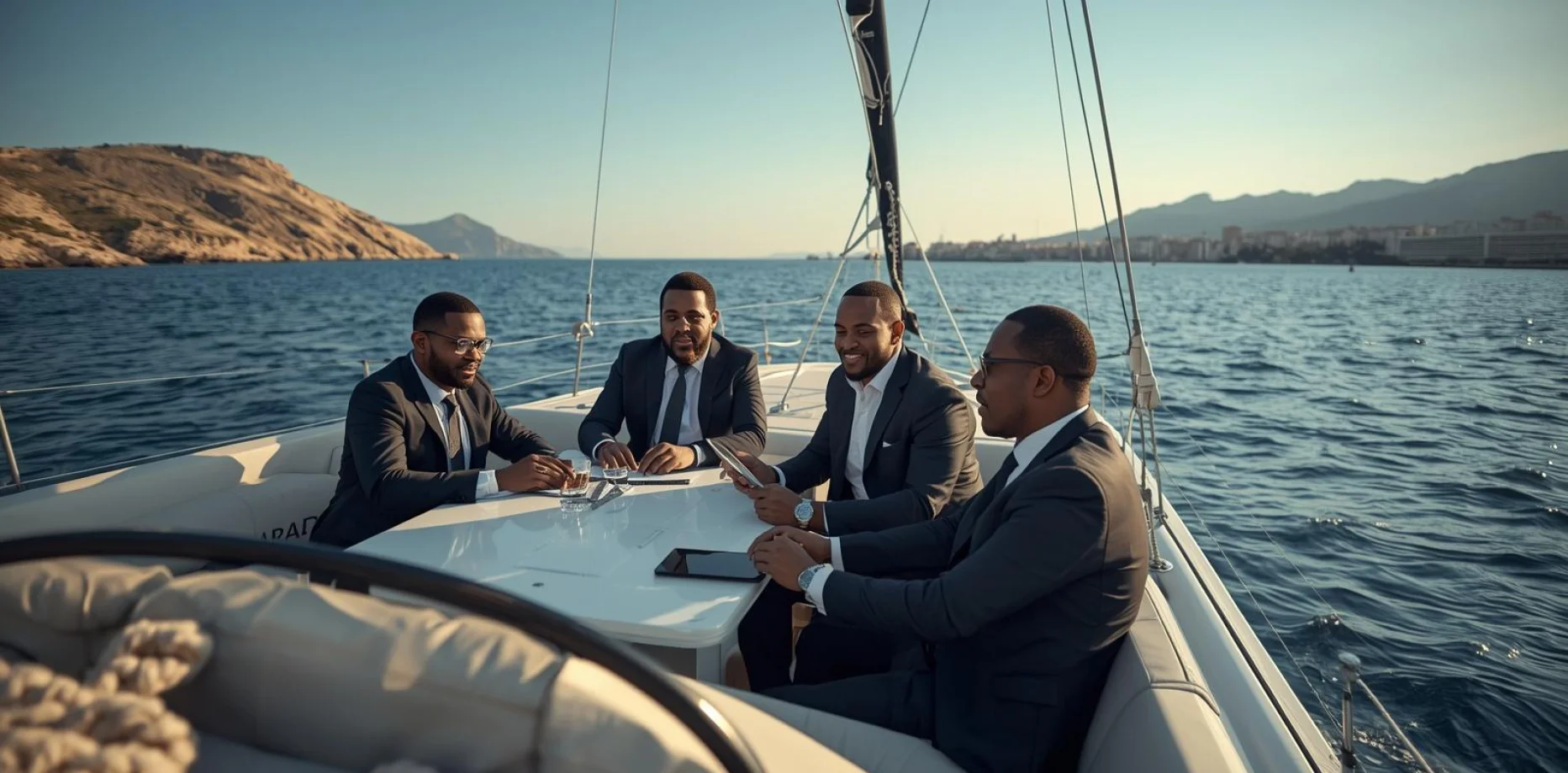 Group of stylish friends enjoying a sailing yacht charter at sunset at sea