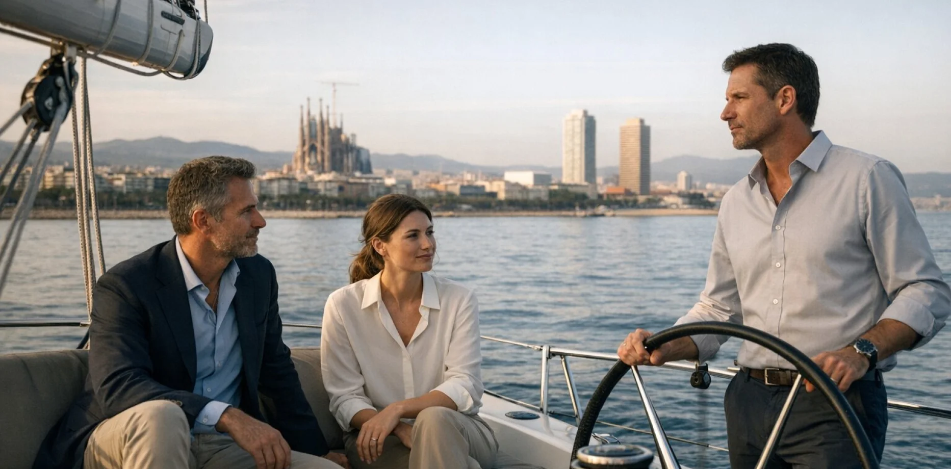Gruppo di professionisti che gustano vino e aperitivi su una barca a vela davanti allo skyline di Barcellona al tramonto