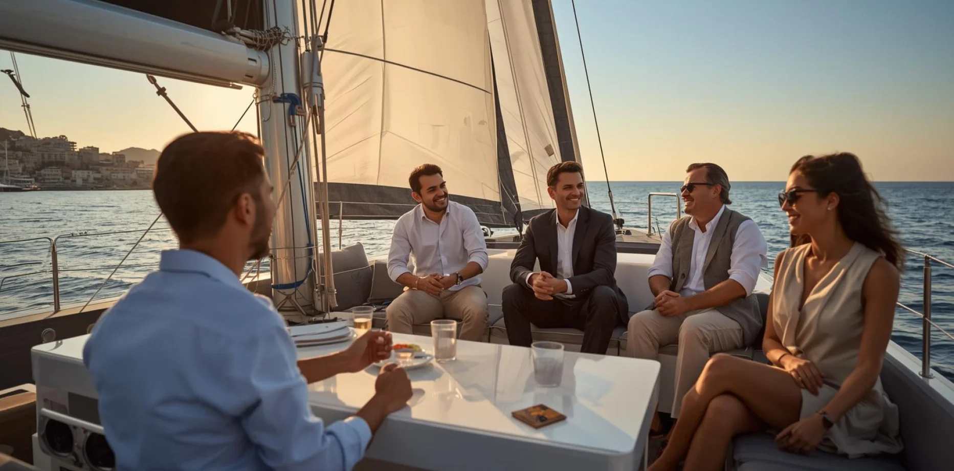 Gruppo di amici eleganti che si godono una barca a vela a noleggio al tramonto in mare