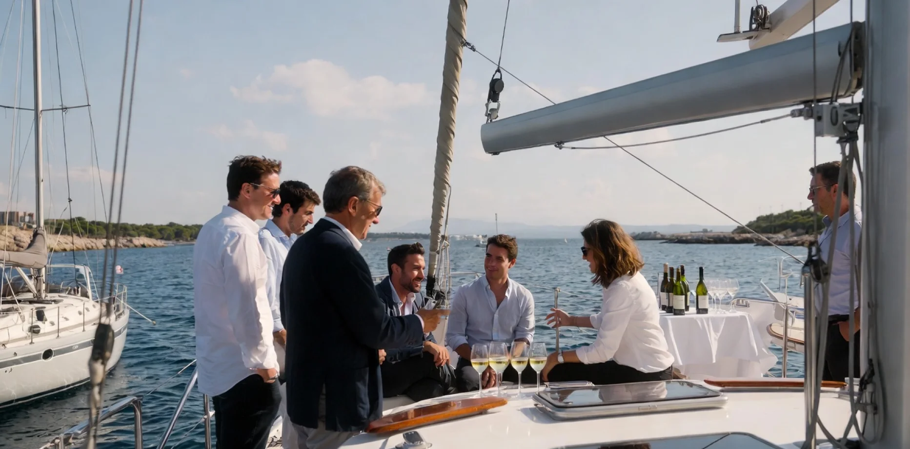 Gruppe eleganter Freunde, die bei Sonnenuntergang auf dem Meer einen Segelcharter genießen