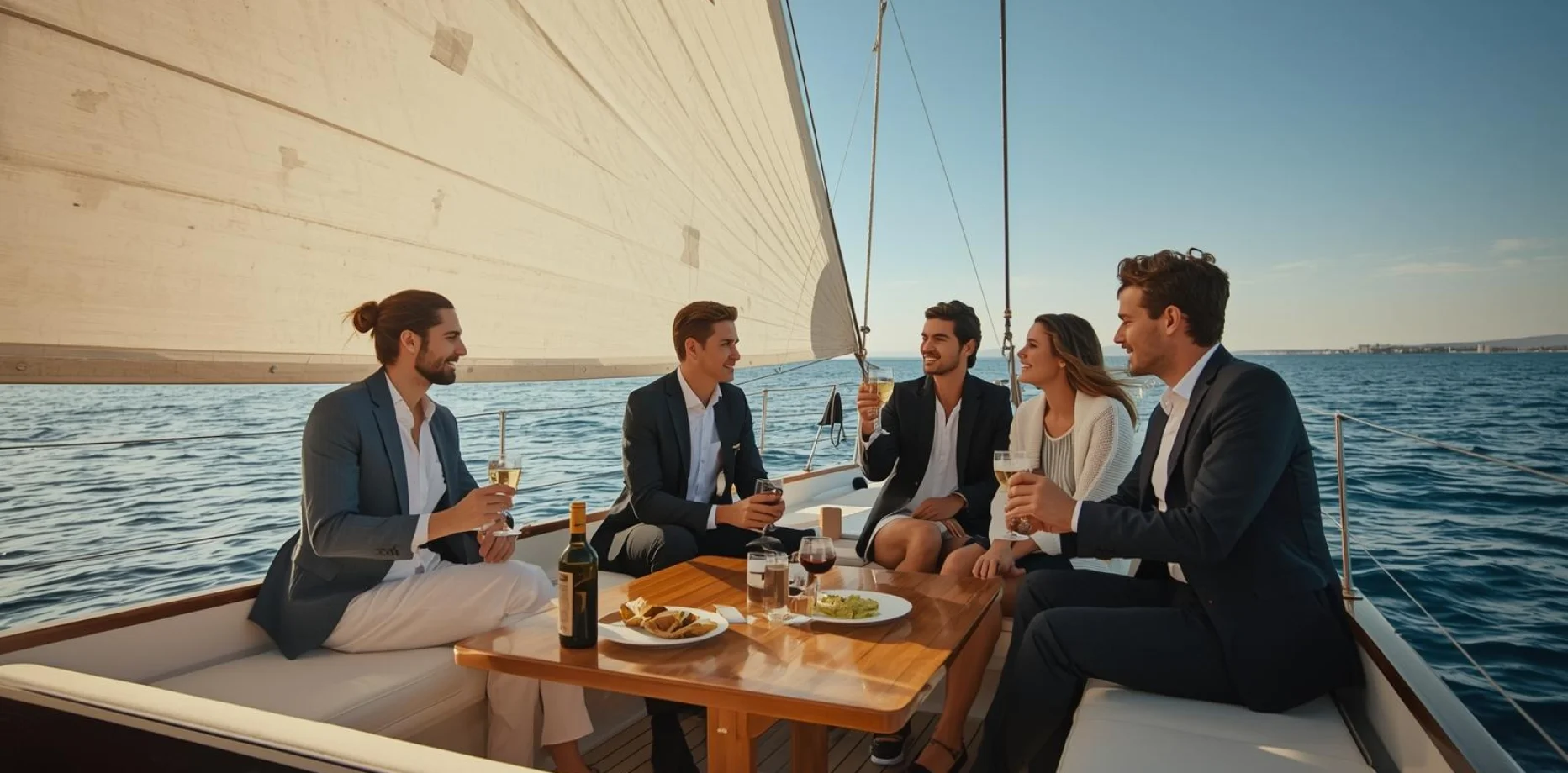 Gruppe von Fachleuten, die bei Sonnenuntergang auf einer Segelyacht vor der Skyline von Barcelona Wein und Häppchen genießen