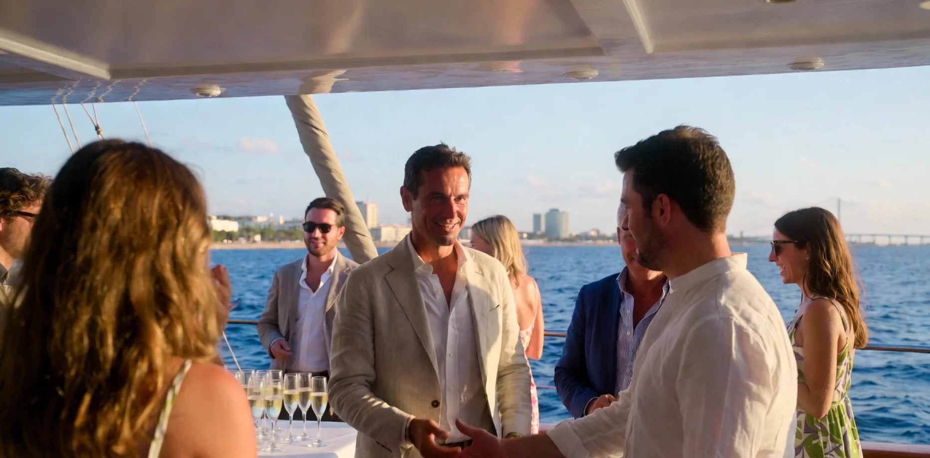 Groupe de professionnels dégustant du vin et des amuse-bouches sur un voilier face à la skyline de Barcelone au coucher du soleil