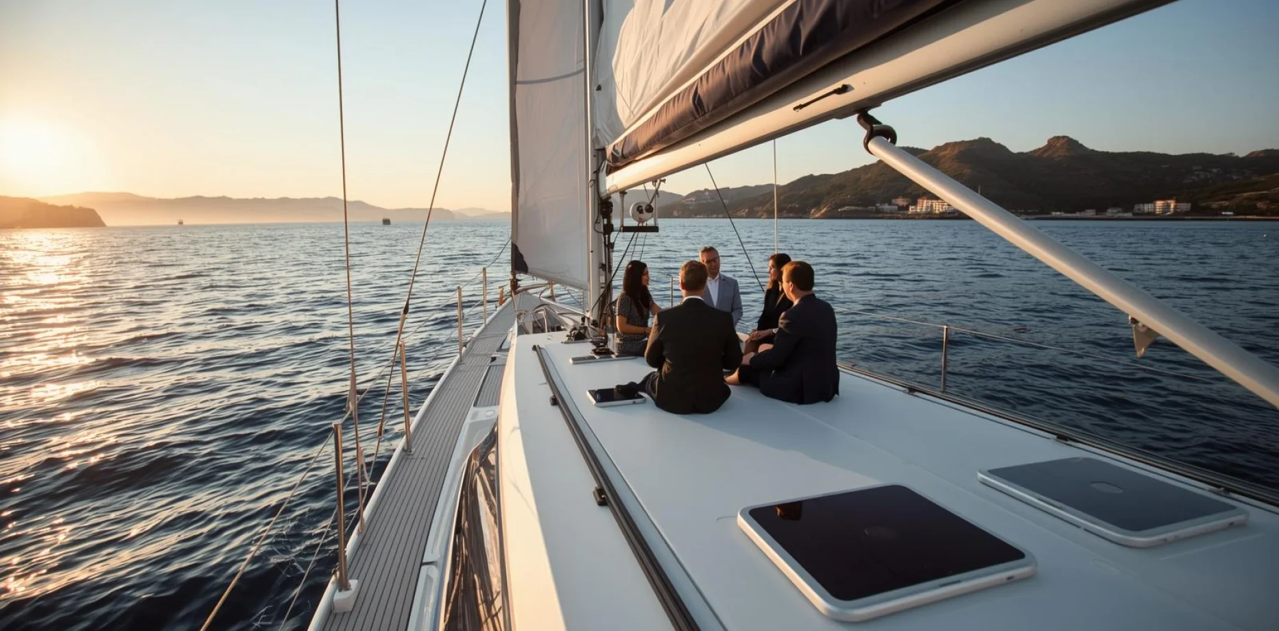 Group of professionals enjoying wine and appetisers on a sailboat in front of the Barcelona skyline at sunset
