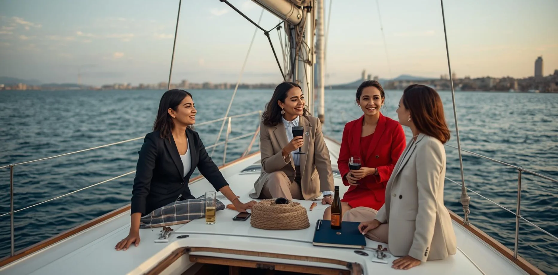 Gruppo di amici eleganti che si godono una barca a vela a noleggio al tramonto in mare
