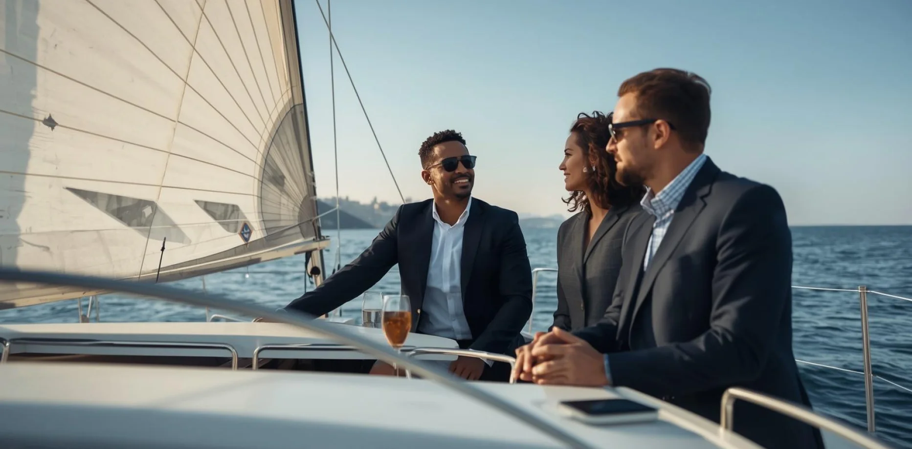 Grup de professionals gaudint de vi i aperitius en un veler davant l’skyline de Barcelona al capvespre