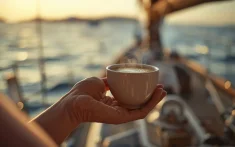 Mano sosteniendo una taza de café caliente al amanecer en la cubierta de un velero con el mar en calma al fondo
