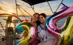 Dues noies celebrant l'aniversari en un veler privat a Barcelona al capvespre amb globus de números
