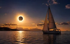 Sailing boat at sunset heading towards a total solar eclipse over the Mediterranean Sea
