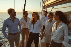 Grup d’amics elegants gaudint d’un xàrter en veler al capvespre al mar
