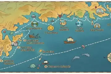 Illustrated map of a boat route from Cadaques