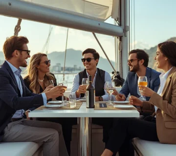 Grupo de amigos elegantemente vestidos brindando y sonriendo en la mesa de un barco charter al atardecer