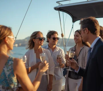 Groupe d’amis trinquant avec des verres de vin et de champagne sur un bateau de location au coucher du soleil