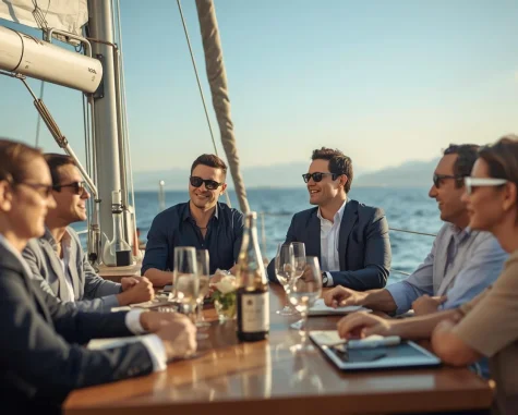 Grup de professionals reunits a la taula d’un iot de luxe al capvespre, brindant i conversant sobre negocis en alta ma