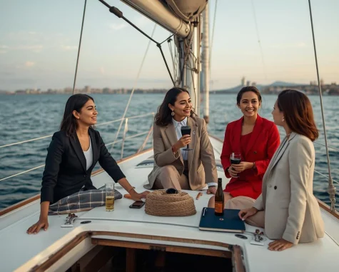 Gruppo di donne professioniste che conversano e brindano sul ponte di una barca a vela con la città sullo sfondo