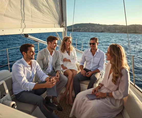 Gruppe elegant gekleideter Personen, die sich bei Sonnenuntergang auf einer Luxusyacht während eines Charters unterhält