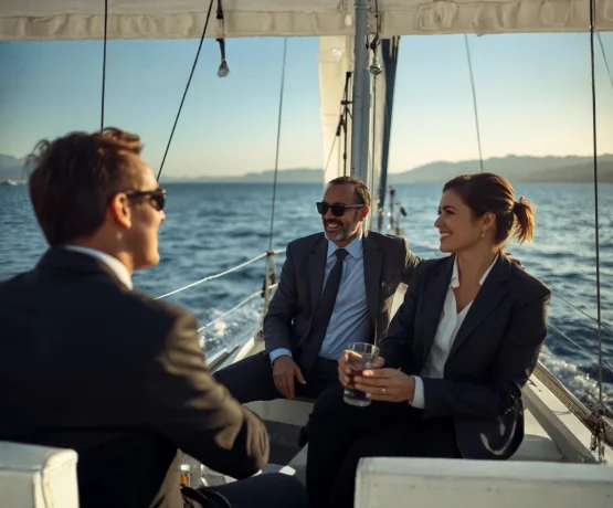 Tre dirigenti in abiti eleganti conversano in modo rilassato su una barca a vela al tramonto