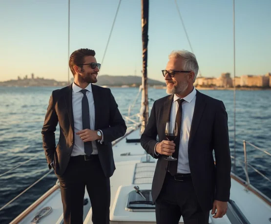 Dos ejecutivos de negocios en traje disfrutan de un charter en yate de lujo al atardecer frente a la ciudad