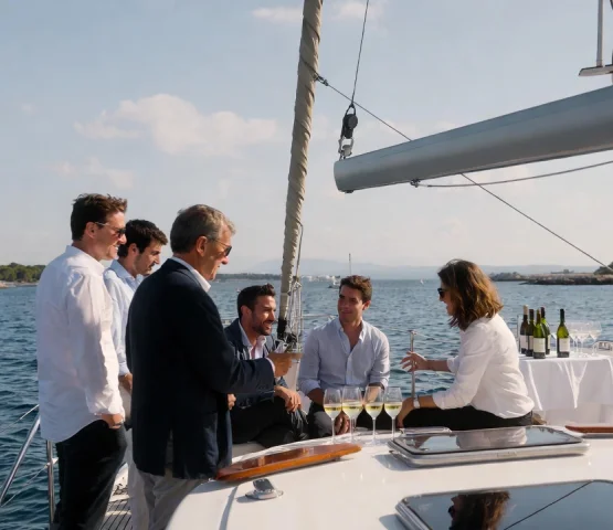 Freundesgruppe, die einen luxuriösen Segelcharter mit Weingläsern auf dem Meer genießt